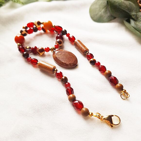 Brown Jasper & Red Jade Beaded Pendant Necklace - 24k Gold Plated Stainless - Picture 13 of 16